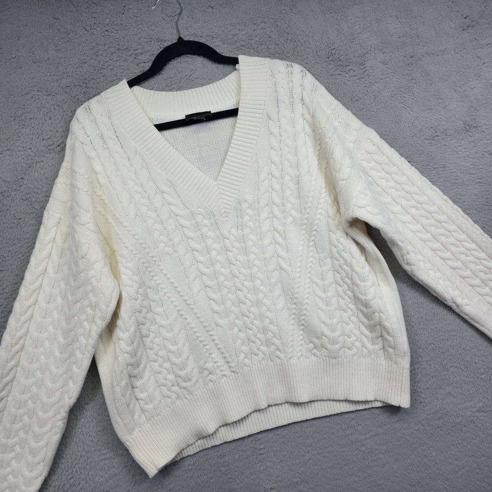 Lumiere Cable Knit Sweater Womens L‎ White Fisherman V Neck Chunky Lounge Cozy